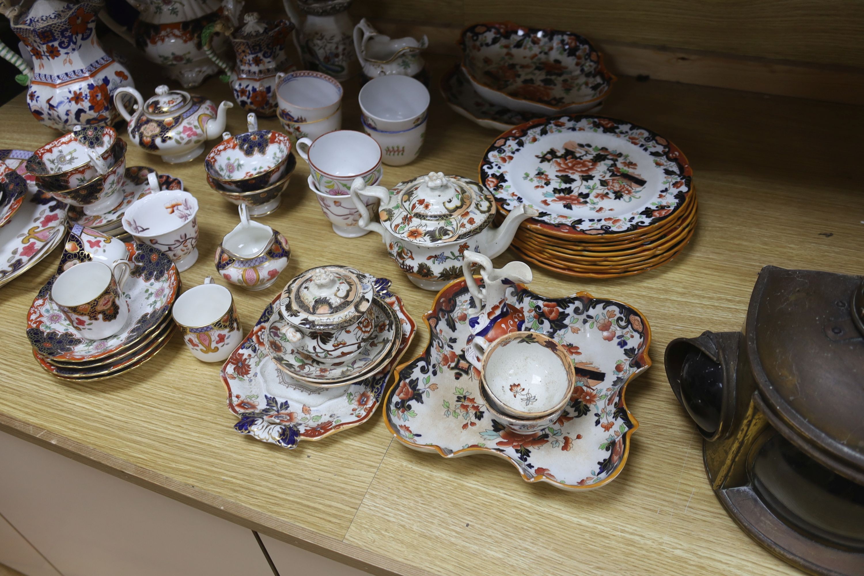 A A group of Staffordshire bone china Imari pattern tea and coffee wares Imari pottery tea set and Copeland Spode ‘Devonian’ dessert service